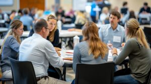 A group of individuals engaged in conversation and collaboration while sitting around a table during a workshop session