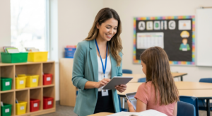 Paraeducator and student in classroom